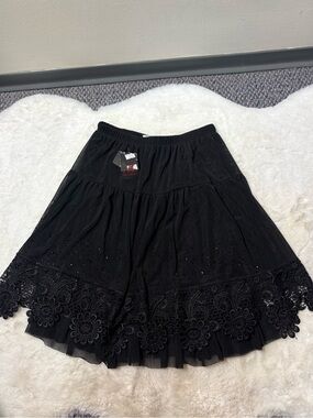 Angela Black Mini Skirt with Lace Hem and Bead Accents